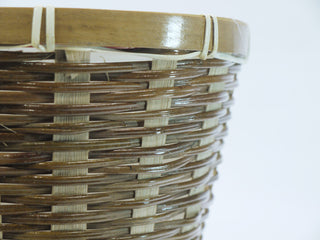 Close-up of wicker basket detail on white background.