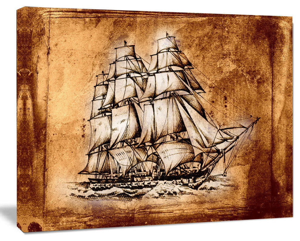 Ancient Sailboat Drawing, Seashore Wall Art on Canvas, 40"x30"