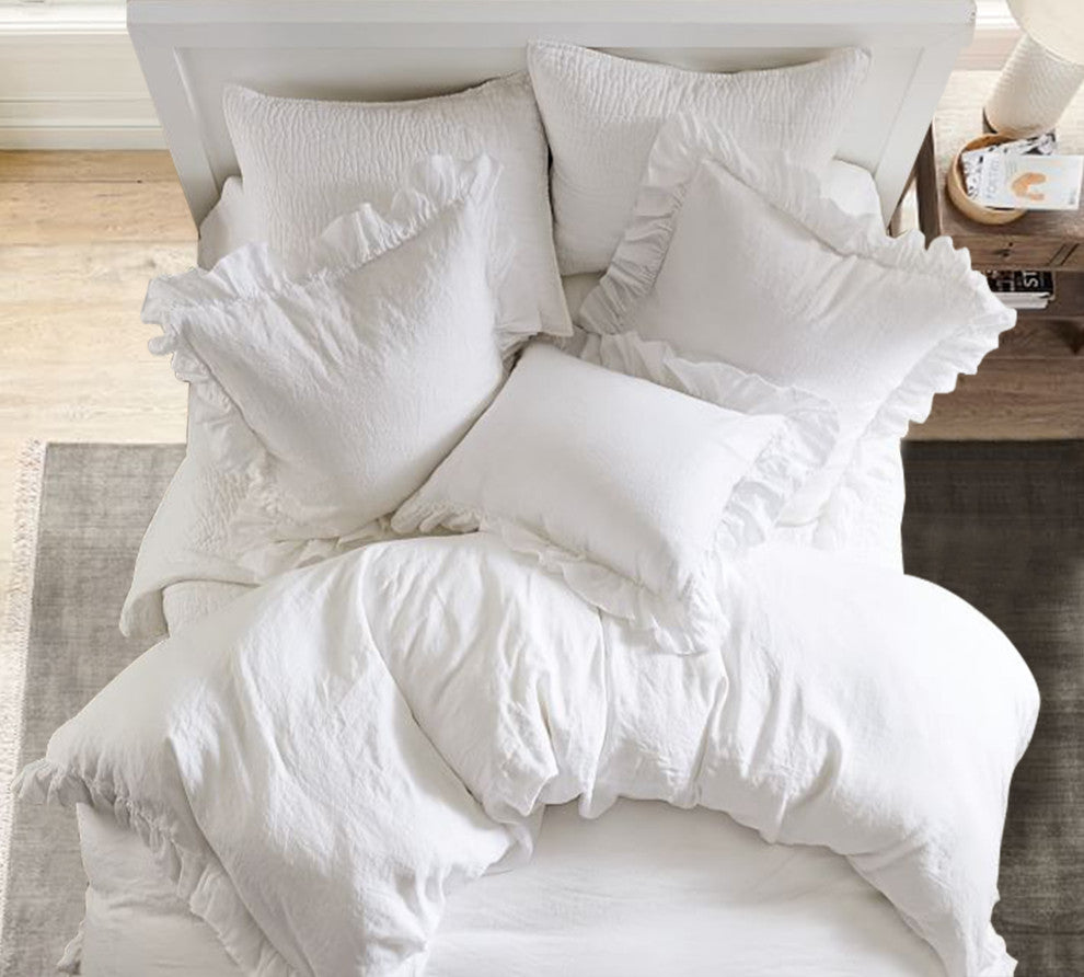 Organic Cotton 300 TC GOTS Certified 8 Internal Ties Ruffled Duvet Set, White, King(108"x92")