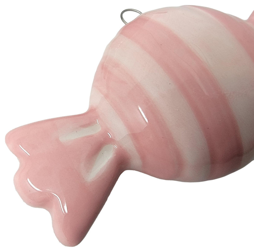 Set of 3 Striped Ceramic Candy Ornaments Bonbon Old Fashioned Vintage Style, Red Swirl/Blue/Pink