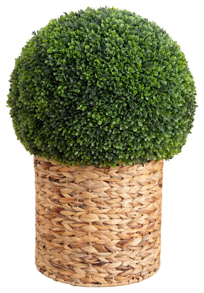 24" UV Resistant Faux Boxwood Ball Topiary, Hyacinth Weave Basket, In/Outdoor