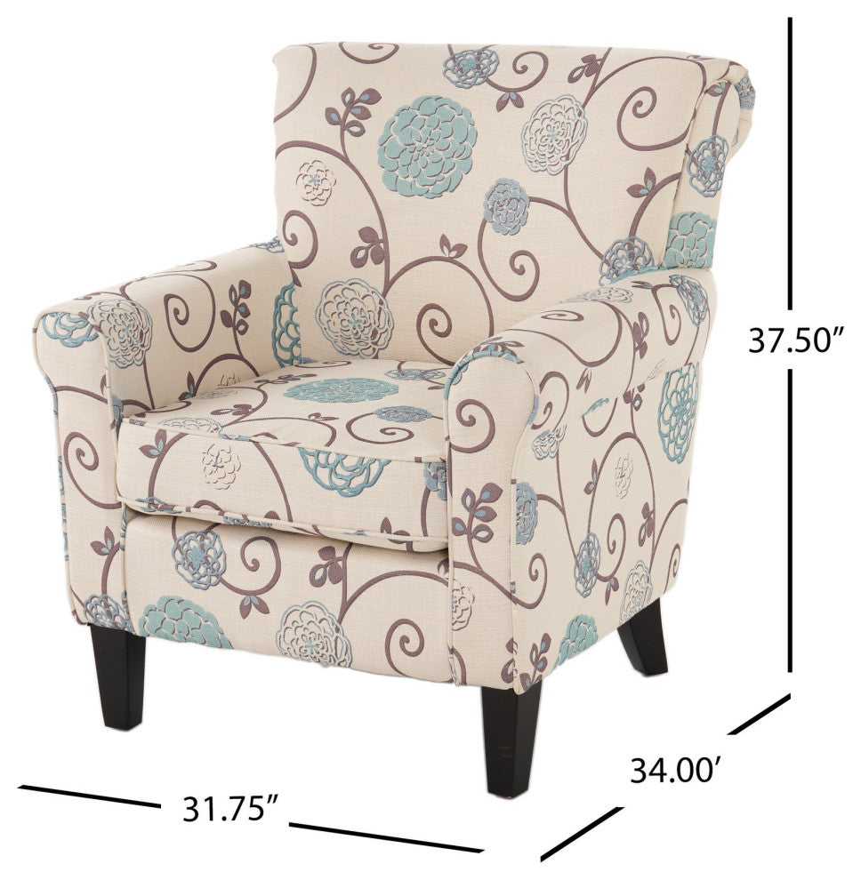 Comfortable Accent Chair, Floral Patterned Polyester Upholstery With Rolled Arms