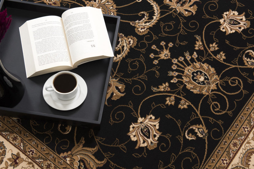 2"x10" Black and Tan Floral Vines Runner Rug