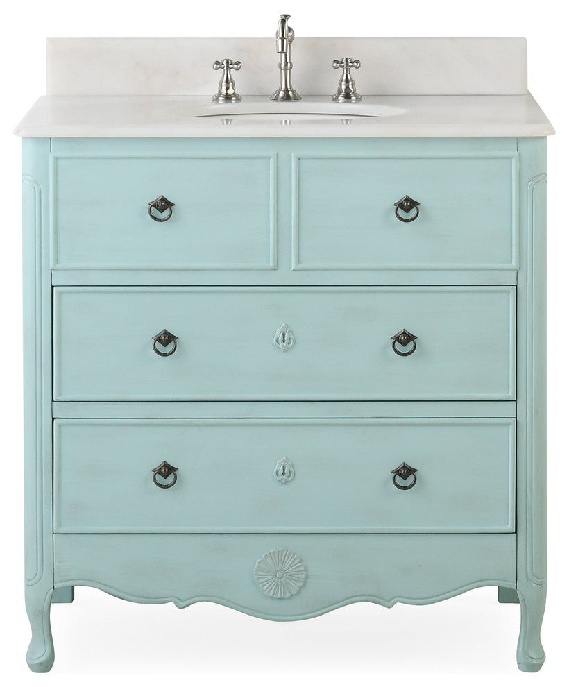 34 Inch Distressed Light Blue Daleville Cottage Style Bathroom Sink Vanity, With Backsplash