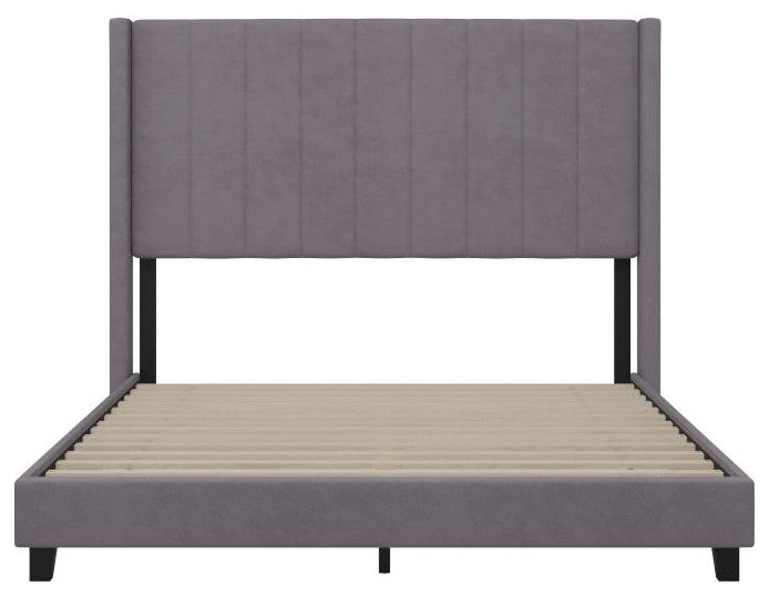 Bianca Upholstered Platform Bed w/Vertical Stitched Wingback Headboard, Gray Velvet, Queen