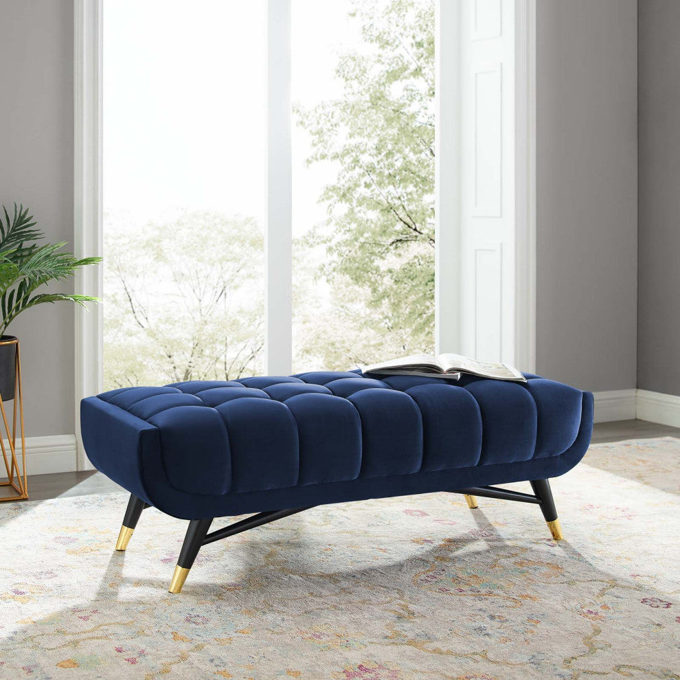 Accent Chair Bench, Velvet, Dark Blue, Modern, Living Lounge Hotel Hospitality