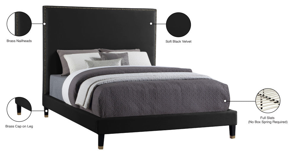 Harlie Velvet Upholstered Bed, Black, Full