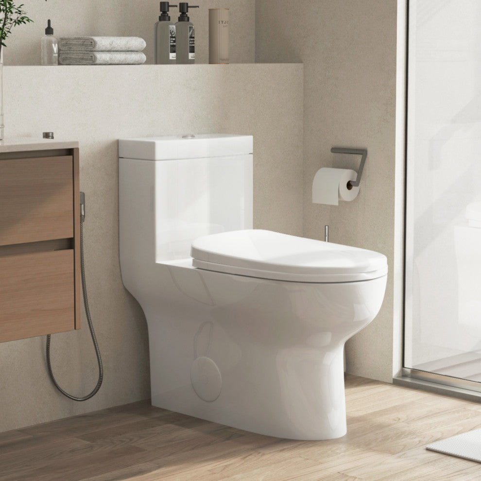 Sinber 28" One Piece Bathroom Toilet with Cotton White Finish and and Dual Flush