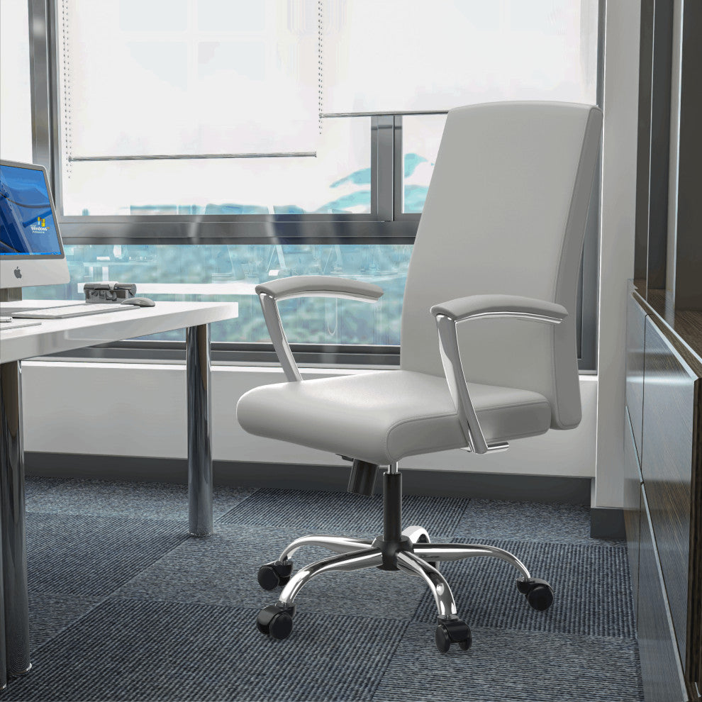 LeisureMod Evander Swivel Office Chair in Leather With Silver Frame, White