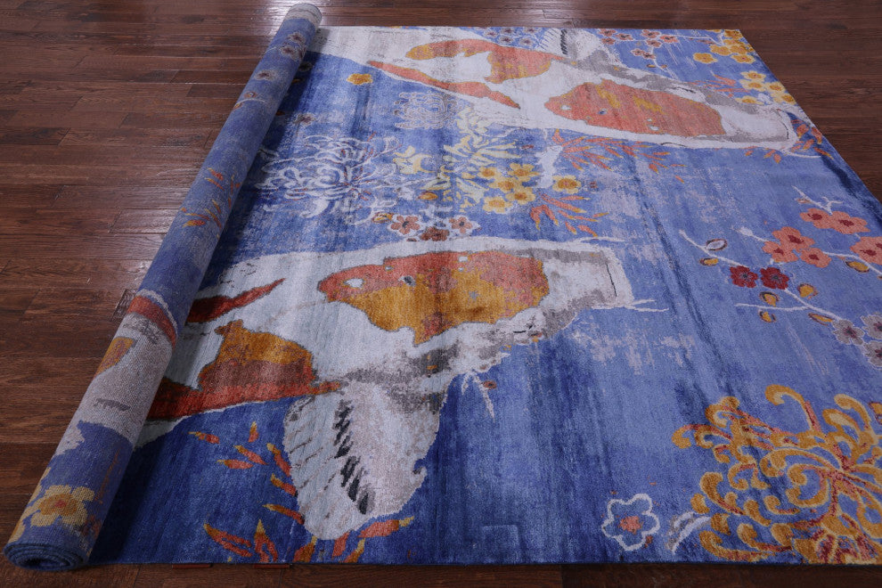 8' 10" X 11' 11" Silk Fish Design Handmade Rug Q11599