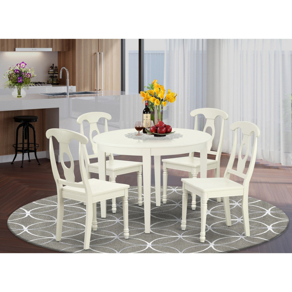 Boke5-Lwh-W, 5-Piece Round 42" Table and 4 Panel Back Chairs