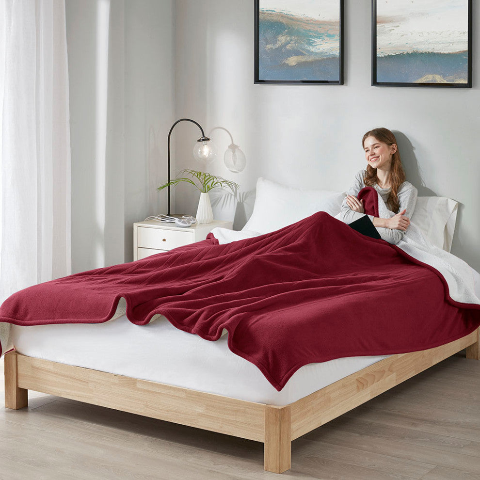 Serta Fleece to Sherpa Heated Fleece and Sherpa Bedding Blanket, Burgundy