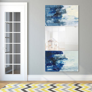 Abstract Rectangular Beveled Wall Mirror on Free Floating Printed Tempered Glass