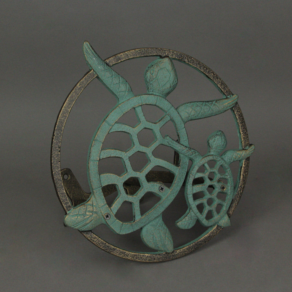 Verdigris Bronze Finish Cast Iron Sea Turtle Wall Mounted Garden Hose Holder