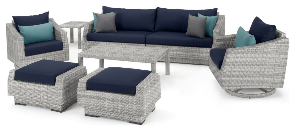 Cannes Deluxe 8 Piece Aluminum Outdoor Patio Sofa and Club Chair Set, Blue