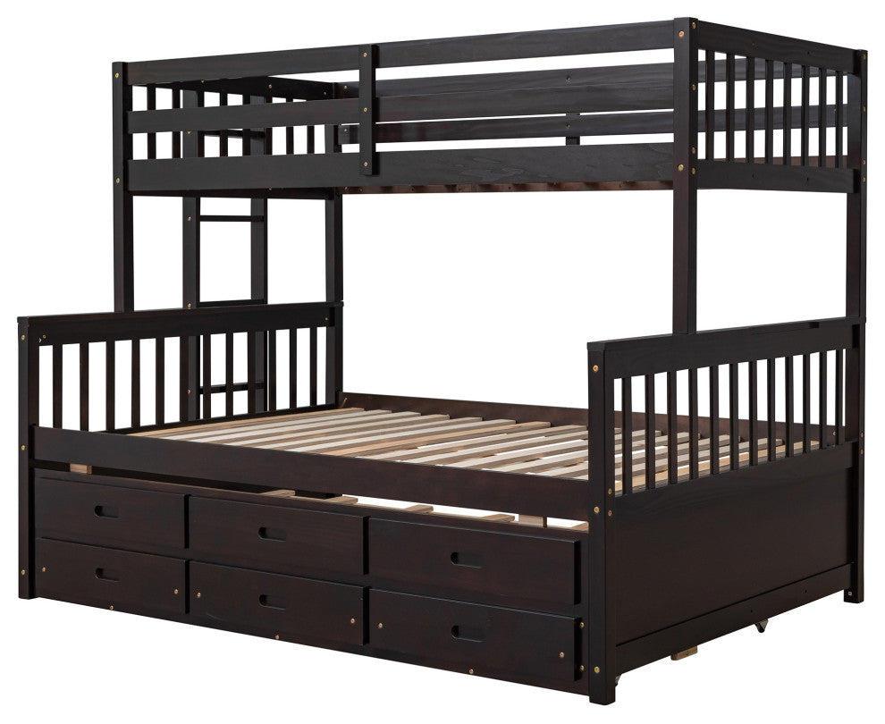 Gewnee Wood Kids Convertible Twin-Over-Full Bunk Bed with Trundle in Espresso