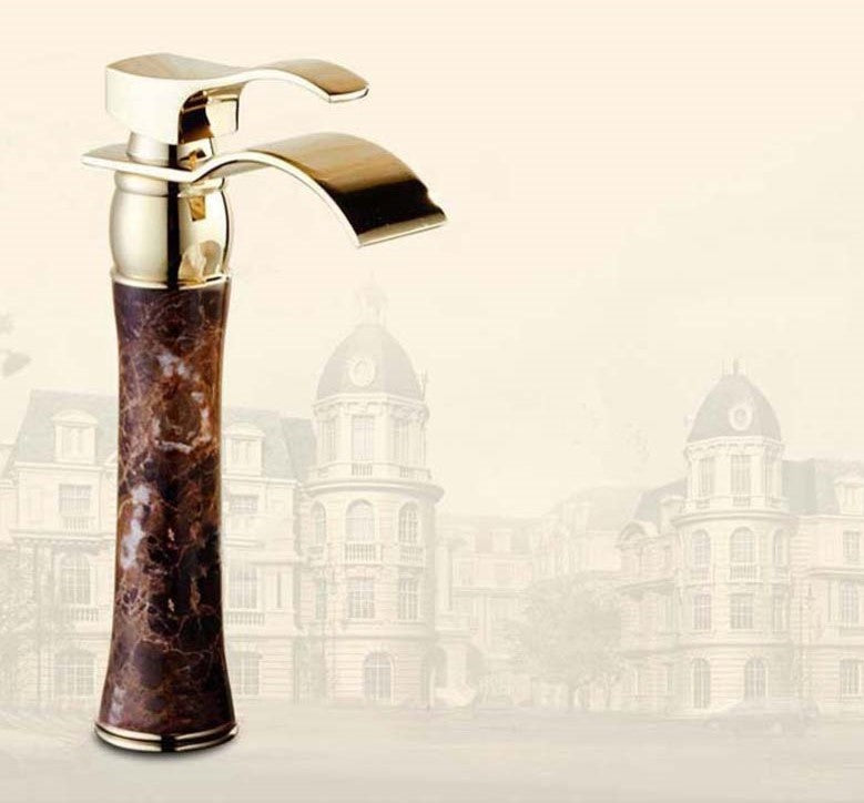 Apulia Jade Marble Single Handle Gold Deck Mounted Waterfall Bathroom Faucet