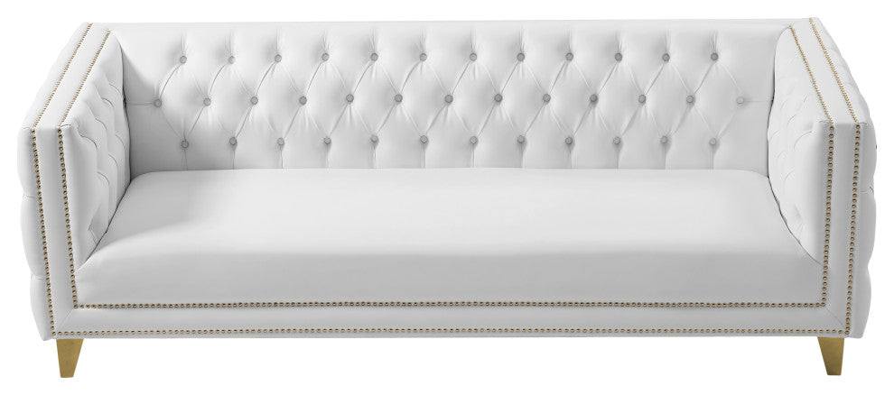 Michelle Fabric Upholstered Chair, Gold Iron Legs, White, Vegan Leather, Sofa