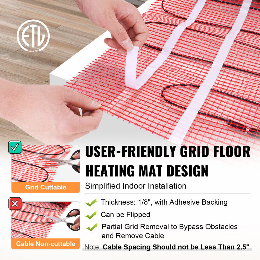 VEVOR Floor Heating Mat Copper Core Electric Warm Tile, 100 Sq.ft 1200w