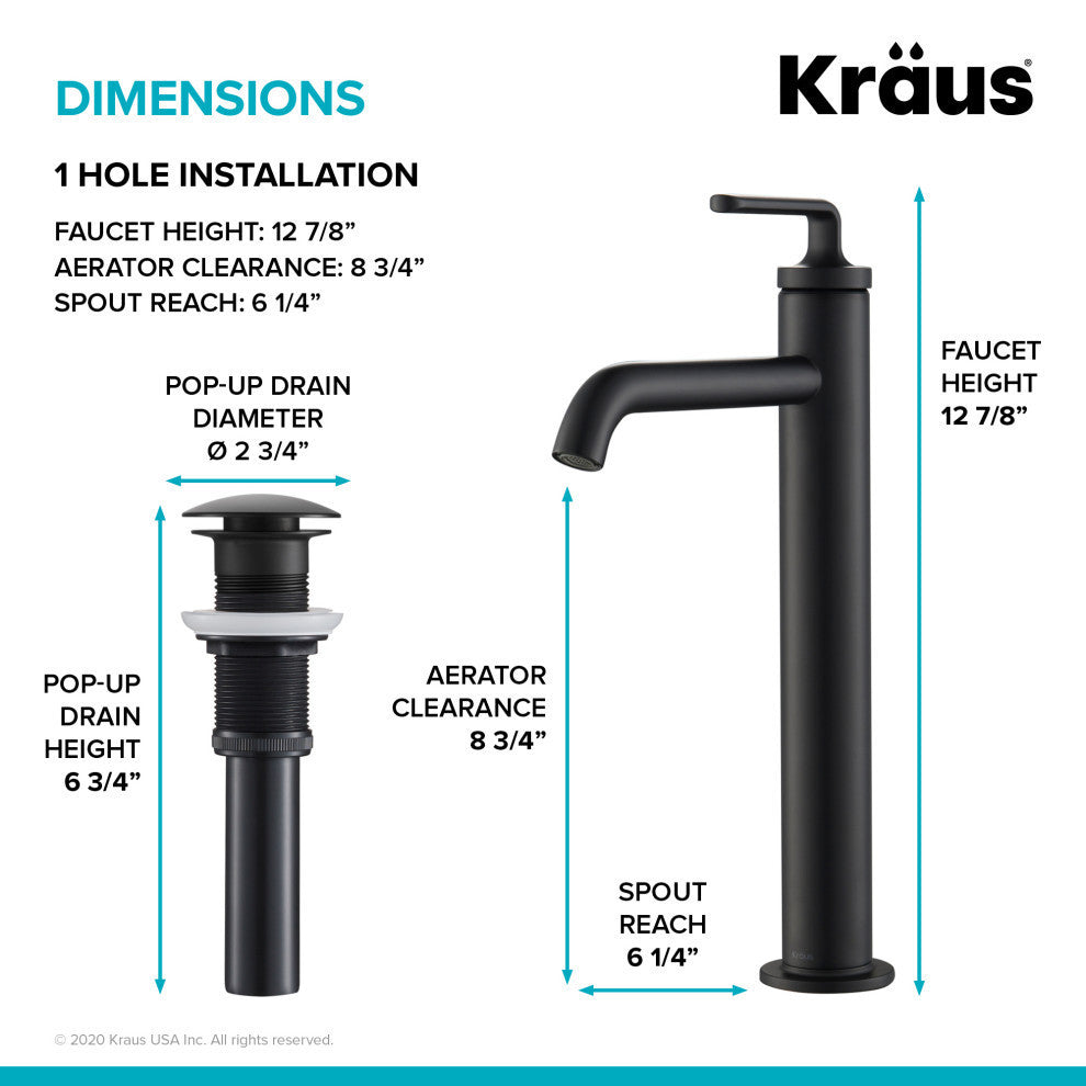 Elavo Square Ceramic Vessel Sink, Bathroom Ramus Faucet, PU Drain, Matte Black