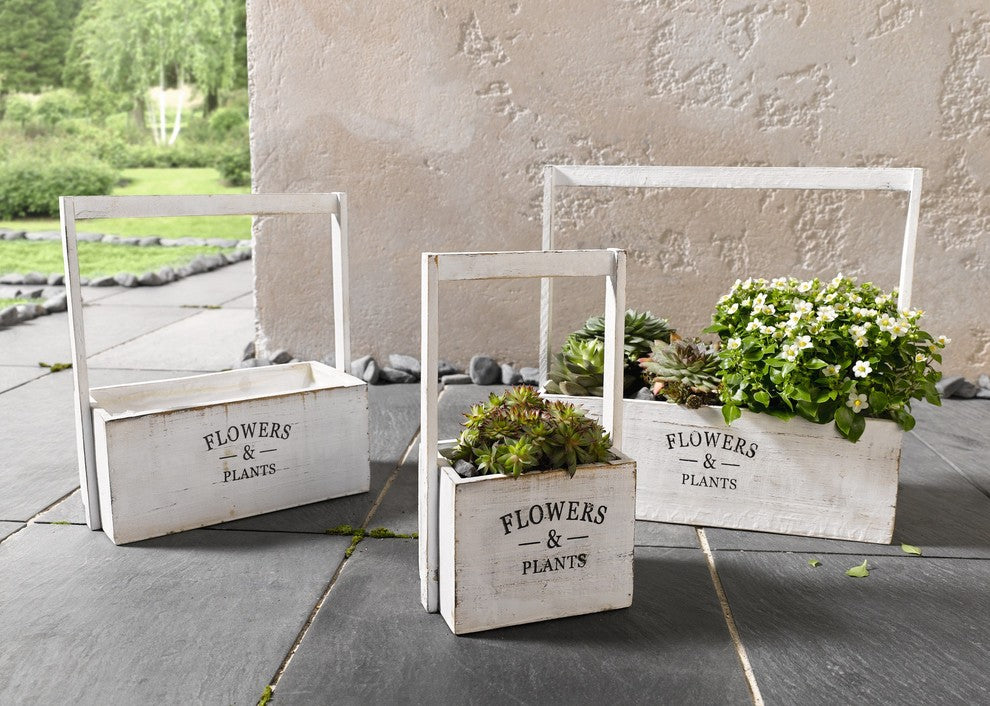 Flowers and Plants Painted White Planters, Set of 3