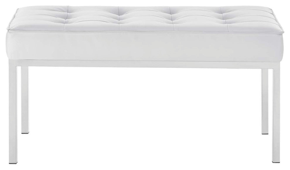 Modern Lounge Accent Chair Bench, Faux Vinyl Leather Metal Steel, White