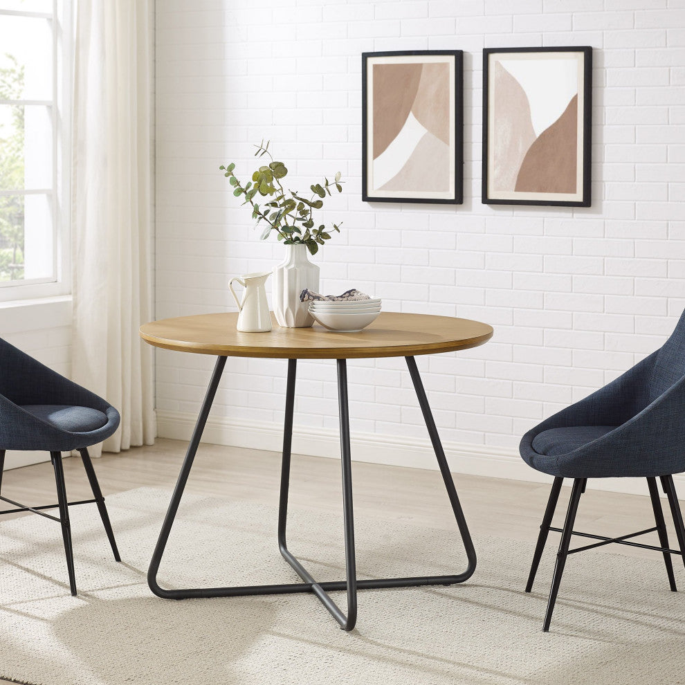 Modern Dining Table, Crossed Black Metal Base & Round English Oak Finished Top