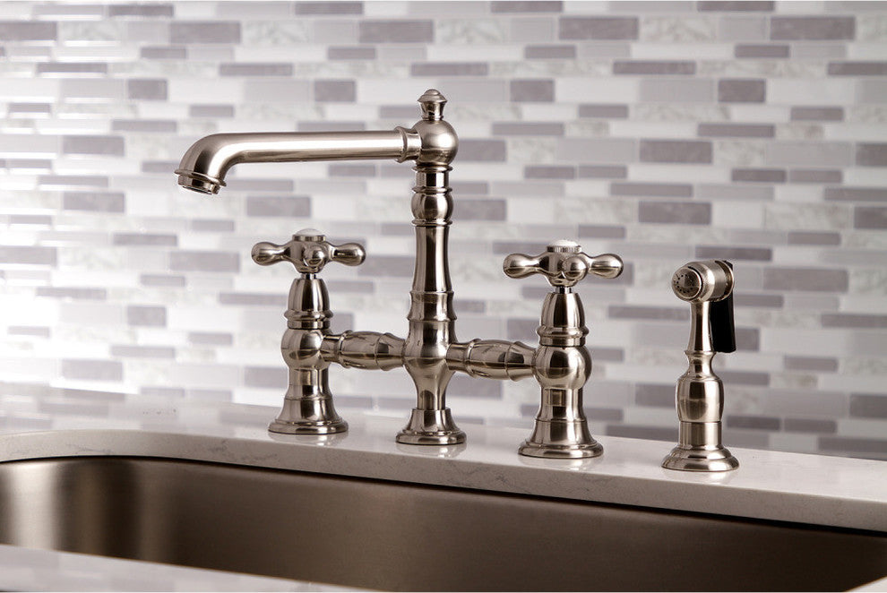 Kingston Brass Bridge Kitchen Faucet With Sprayer, Brushed Nickel