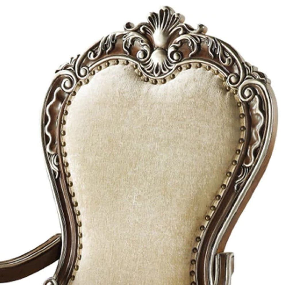 Benzara BM275732 Classic Upholstered Armchair, Scrolled Details, Nailhead, Brown