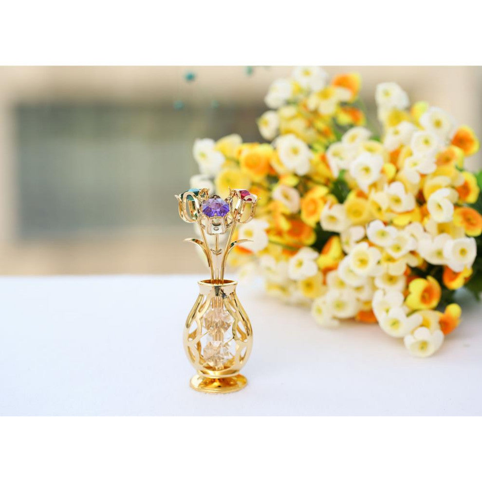 24k Gold Plated Flowers Bouquet and Vase With Colorful Crystals Home Decor