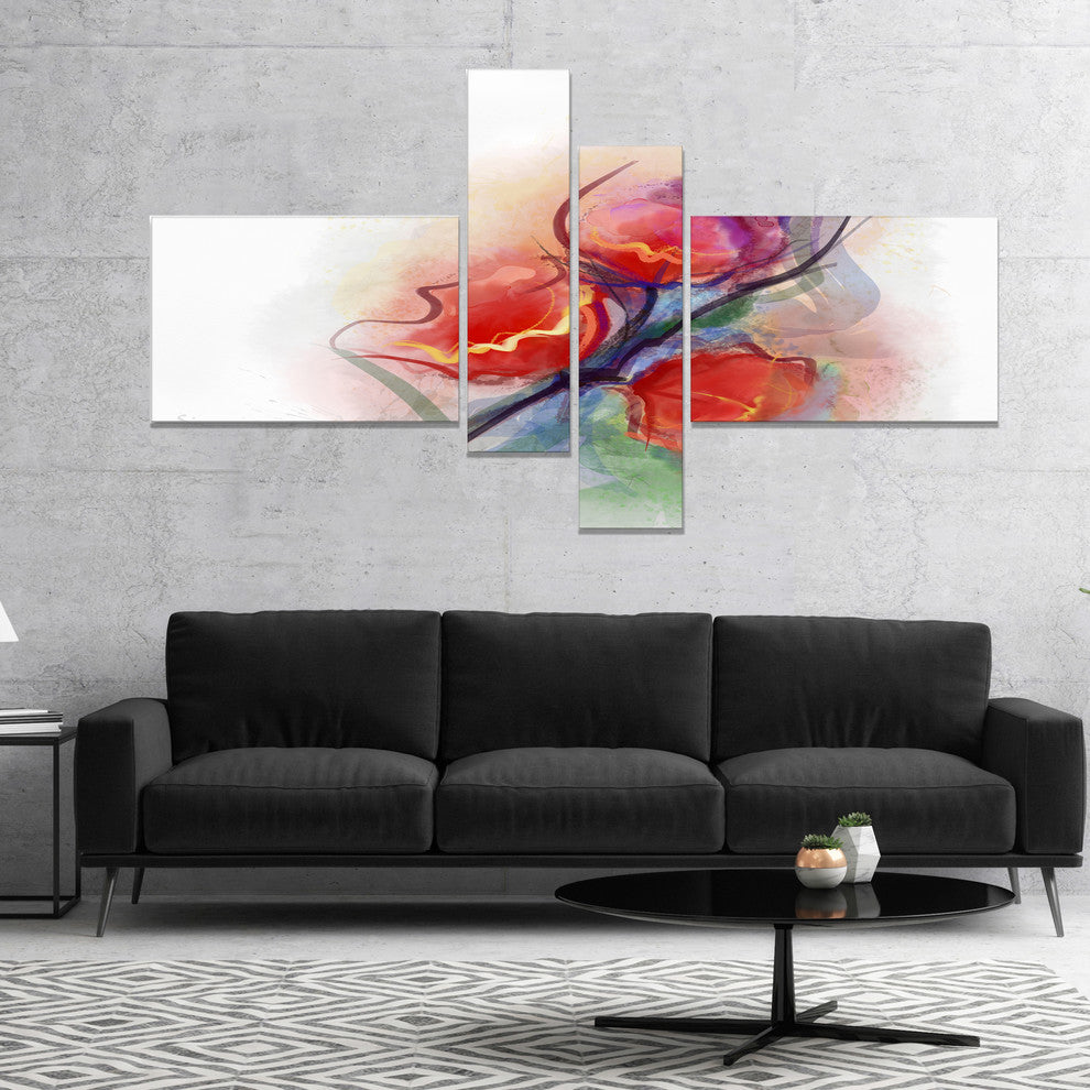Soft Floral Watercolor on Splashes, Large Floral Canvas Print, 60"x32", 4 panels