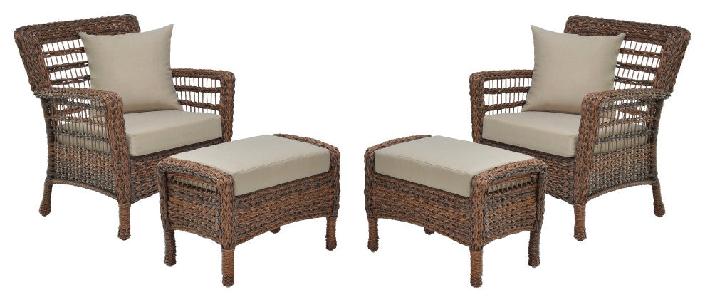 Modern Concept Faux Sea Grass Resin Rattan Relax Set, 2 Chairs And 2 Ottomans