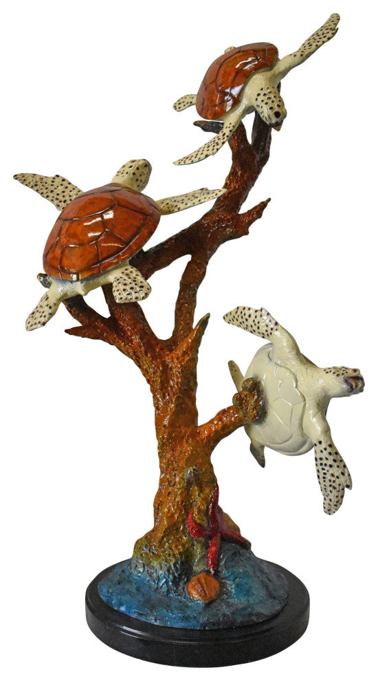 Three Turtles with Coral Bronze Statue - Size: 32"L x 32"W x 41"H.