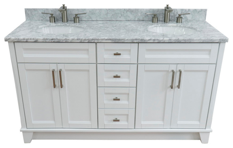 61" Double Sink Vanity, White Finish And White Carrara Marble And Oval Sink