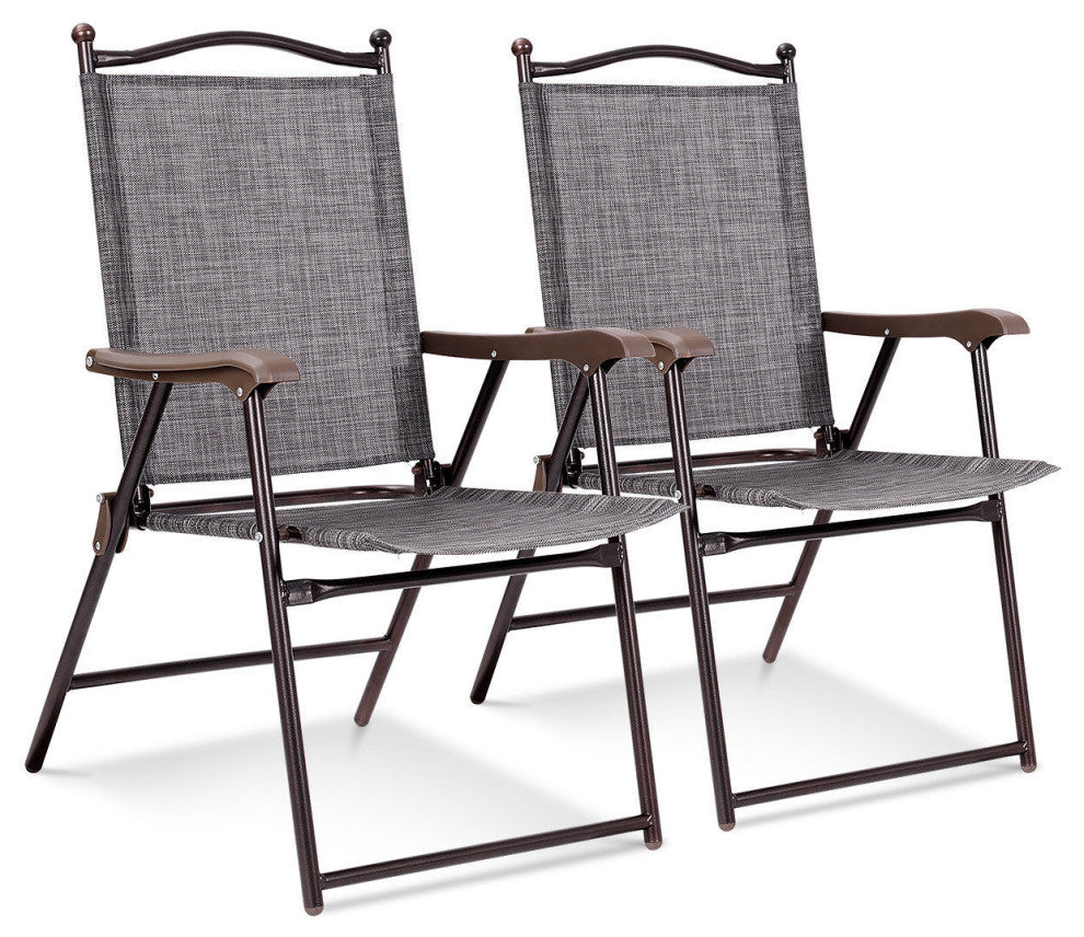 Costway Set of 2 Patio Folding Sling Back Chairs Camping Deck Garden Beach Gray