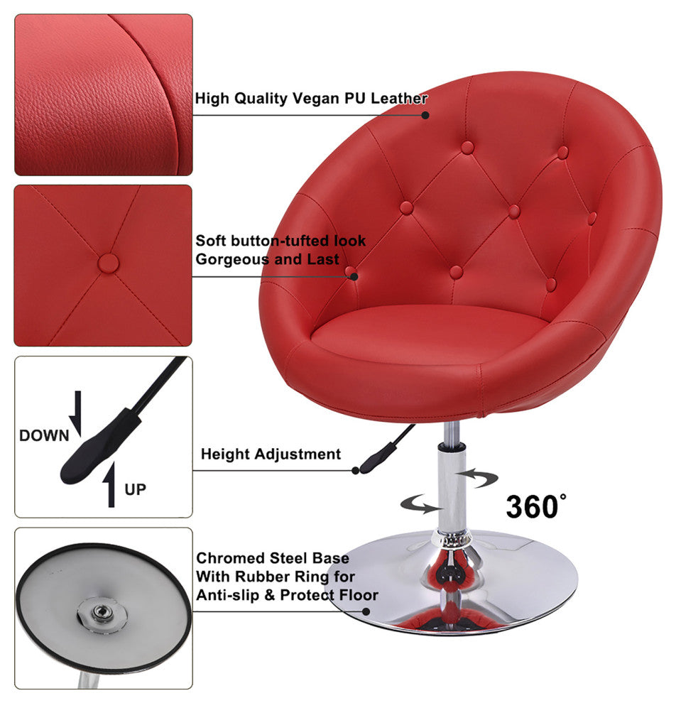 Button Tufted Swivel PU Leather Papasan Chair, Red