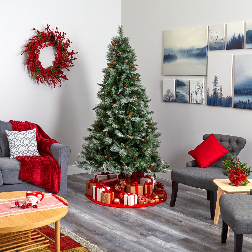 7' Snowed French Alps Mountain Pine Faux Xmas Tree W/Bendable Branches, Pinecone