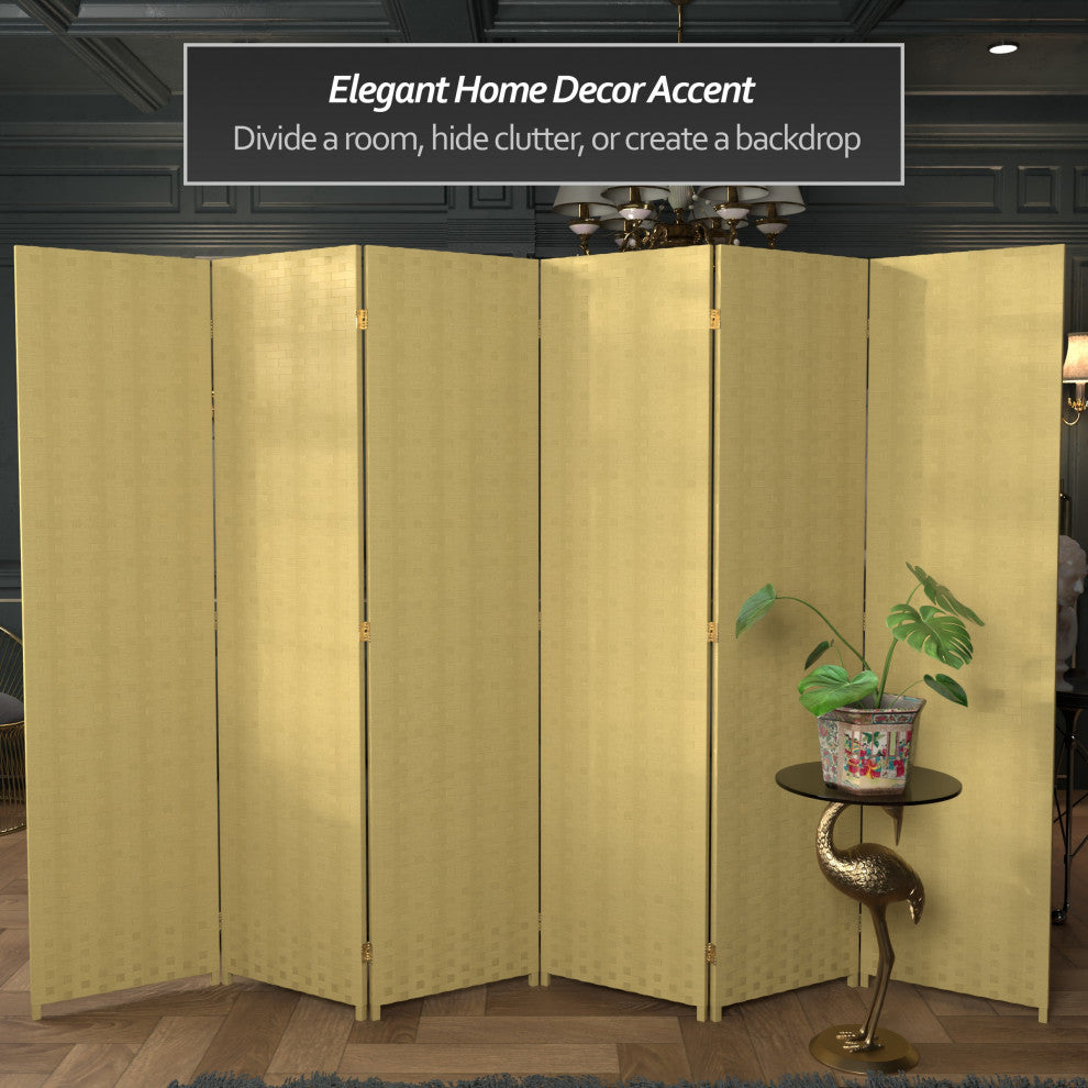 6' Tall Woven Fiber Room Divider, 6 Panel, Dark Beige