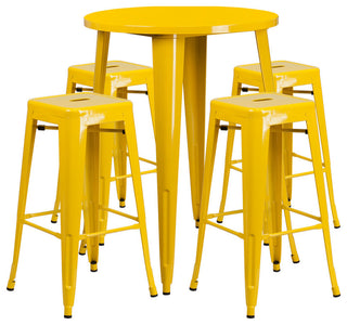 30" Round Yellow Metal Indoor-Outdoor Bar Table Set, 4 Seat Backless Stools