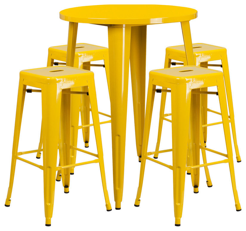30" Round Yellow Metal Indoor-Outdoor Bar Table Set, 4 Seat Backless Stools