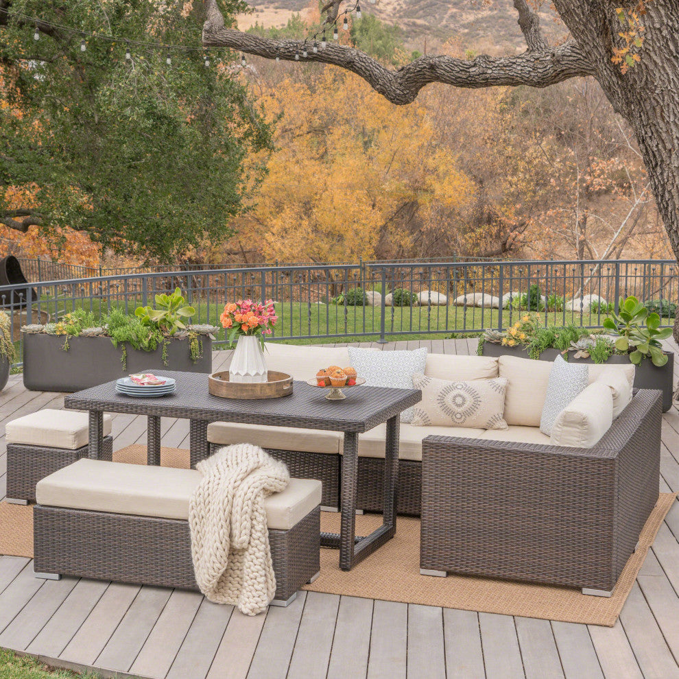 GDF Studio Santa Maria Outdoor Dining Sofa Set With Aluminum Frame, Multi-Brown/Beige