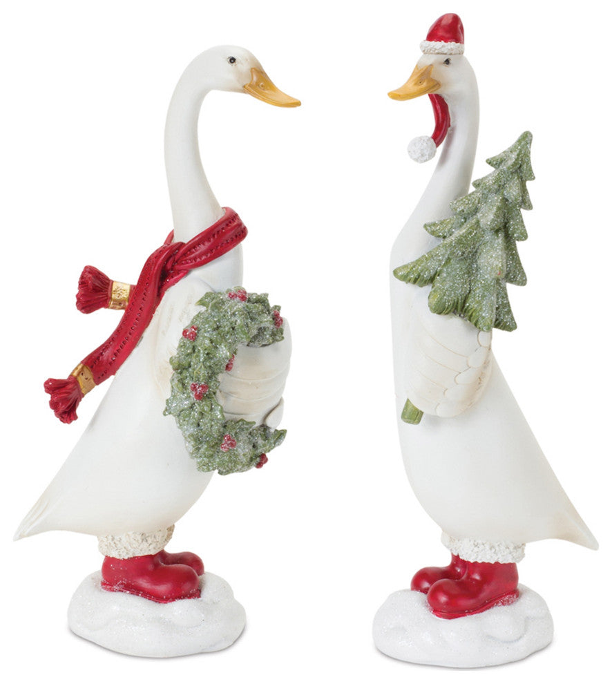 Holiday Goose Figurine With Wreath and Tree Accent, 2-Piece Set