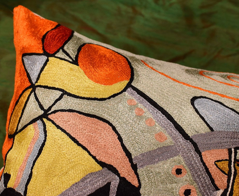 Kandinsky Symphony III Orange Pillow Cover Handembroidered Art Silk 18x18"