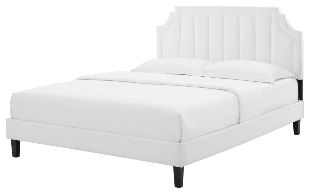 Platform Bed Frame, King Size, Velvet, White, Modern Contemporary, Bedroom