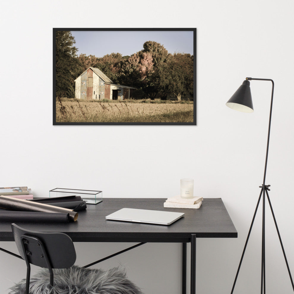Patriotic Barn in Field Aged Effect Framed Photo Paper Wall Art Prints, Black, 24" X 36"