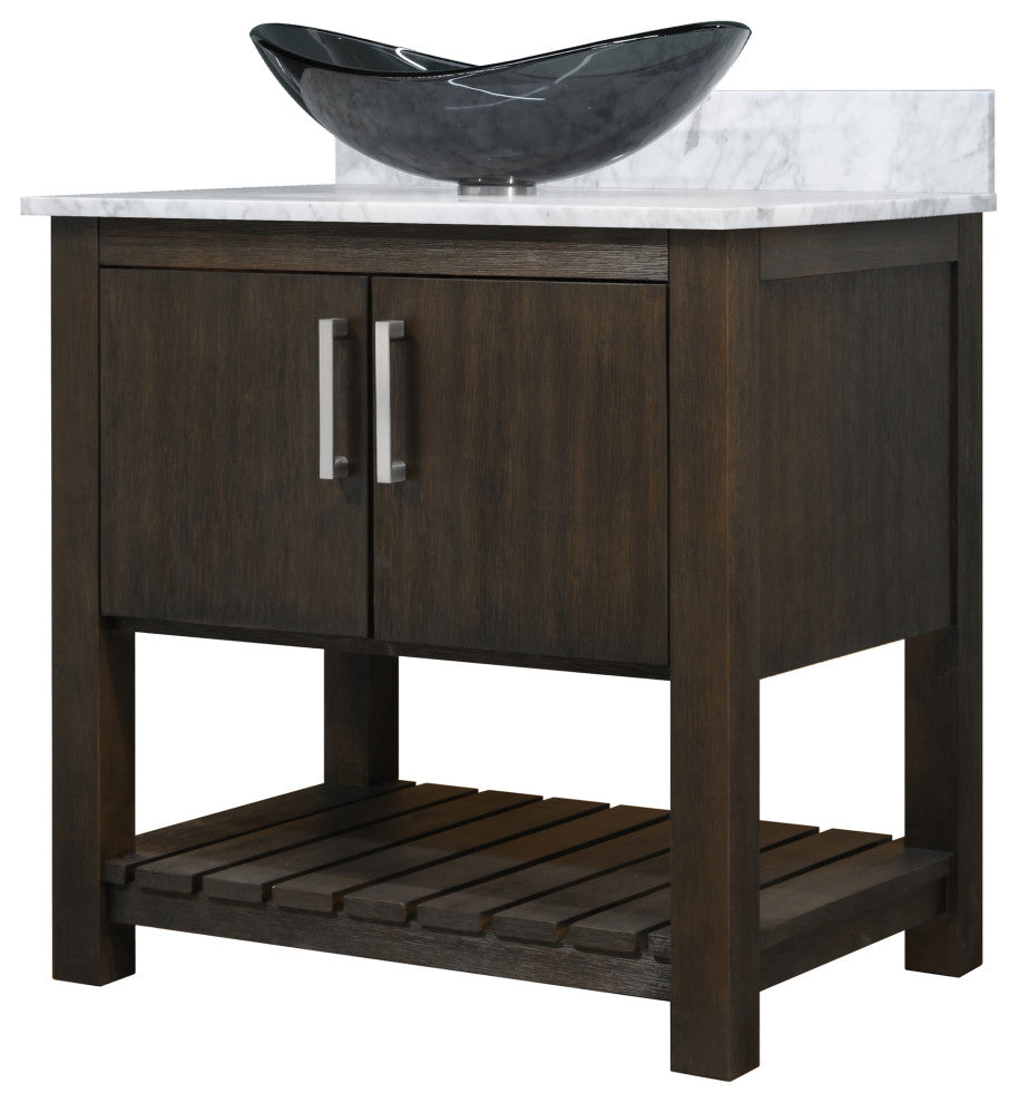 30" Vanity with Carrara White Marble Counter, Drain, Mounting Ring and P-Trap, Brushed Nickel, Without Mirror