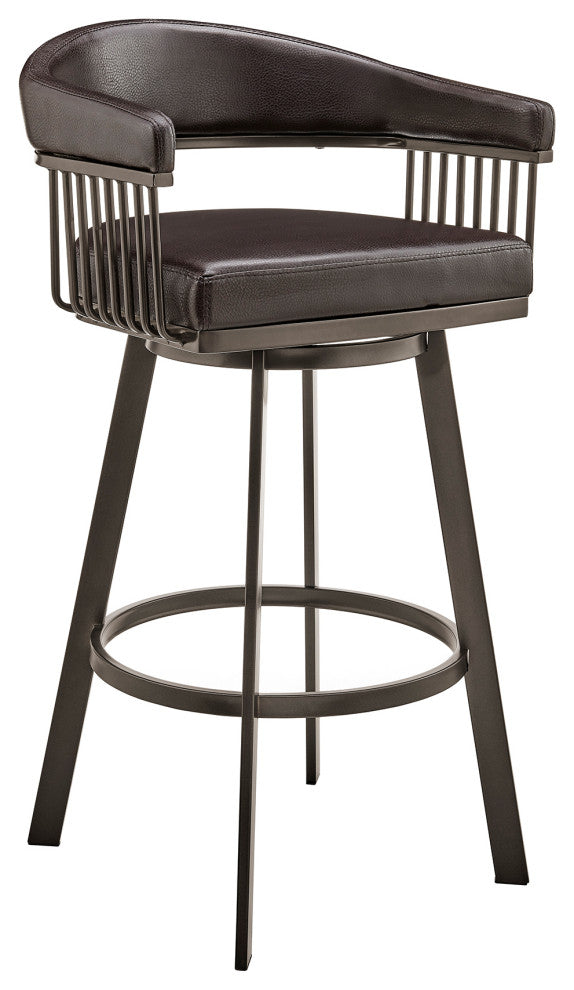 Benzara BM270140 Swivel Barstool With Open Metal Frame and Slatted Arms, Brown