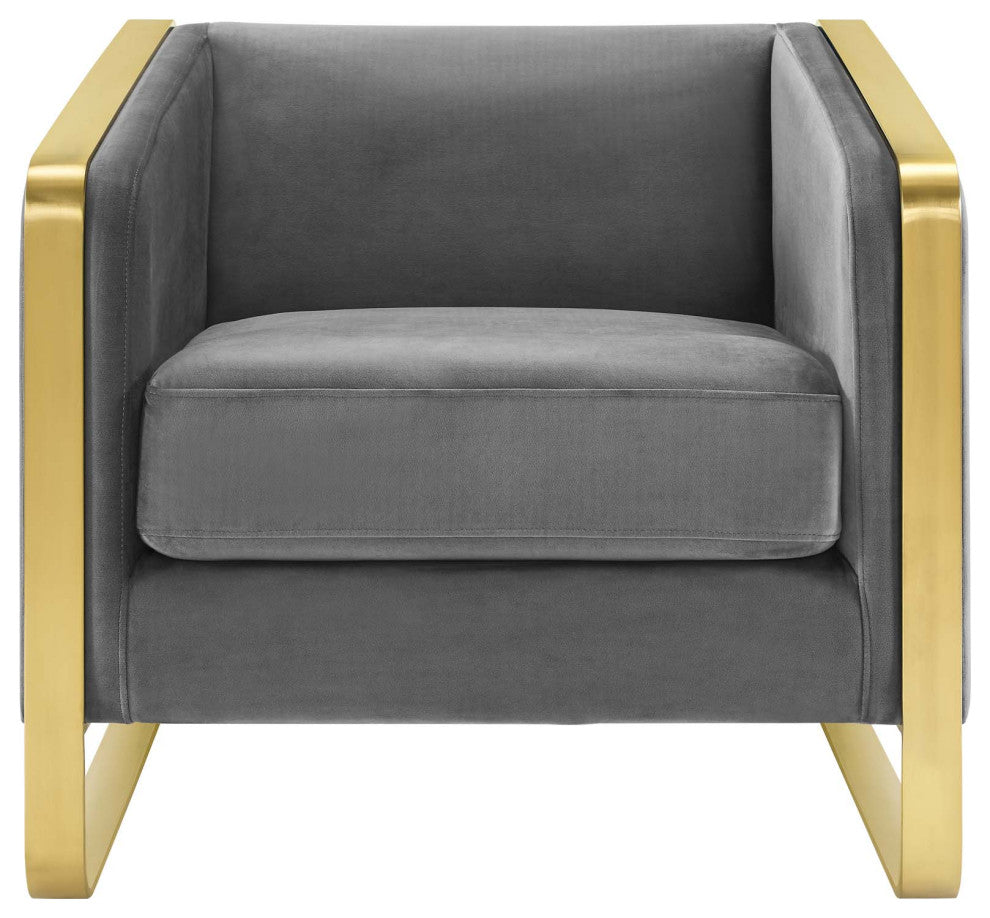 Lounge Accent Side Chair Armchair, Velvet Fabric Metal Steel, Grey Gray