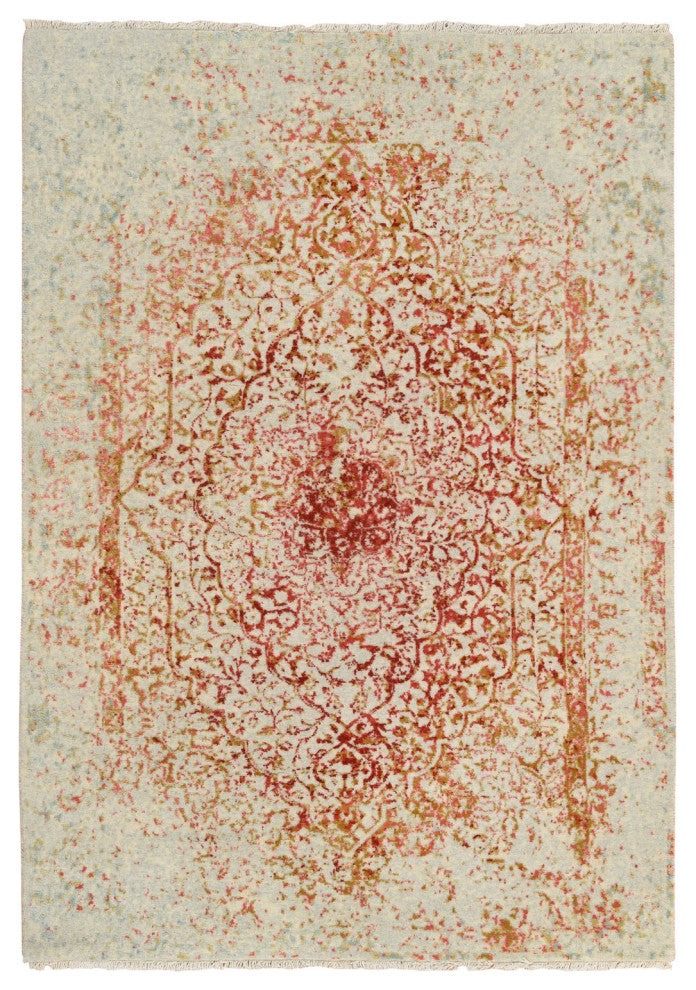 Ivory Hand Knotted Persian Erased Medallion Design Wool and Silk Rug, 4'2"x6'0"