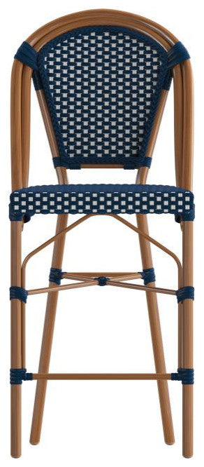 Set of 2 Stackable Indoor/Outdoor French Bistro 26" High Bar Stools, Navy & White/Natural Frame